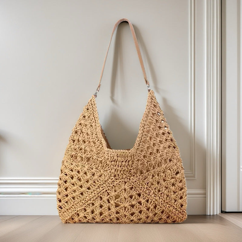 Women's Fashion Handmade Straw Woven Hollow Contrast Color Weave Shoulder Bag