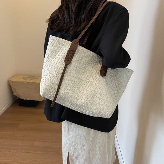 Large Capacity Woven Shouder Bgas Women Versatile Retro Textured Solid Color Totes