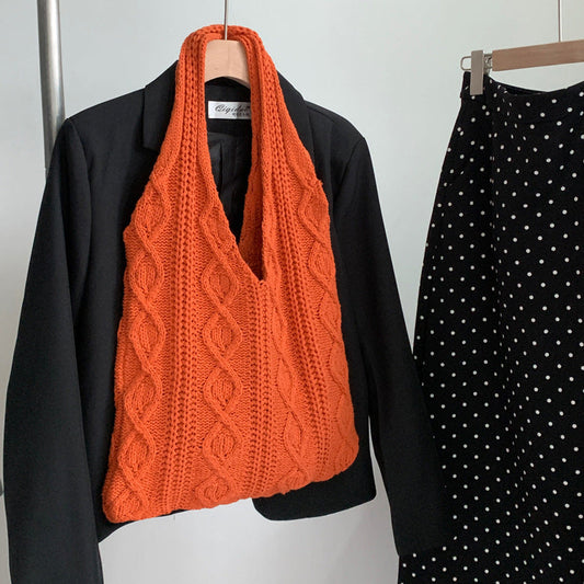 GWomen Shoulder Bags Portable Retro Hollow Knitted Woolen Yarn Bag Shoulder Tote Bag Solid Color Crochet Bag Large Capacity Shopping Tote Bags