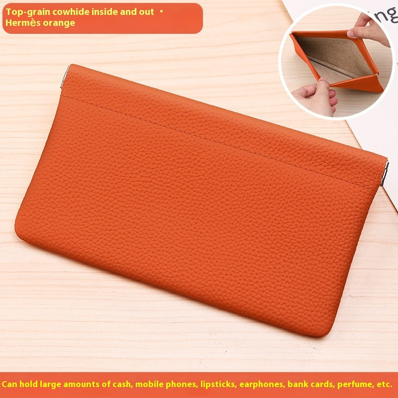 Self-closing First Layer Cowhide Long Wallet
