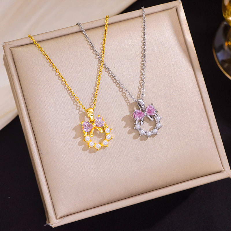 Womens Titanium Steel Necklace With Pink Diamond-Inlaid Bow And Pearl Combinations