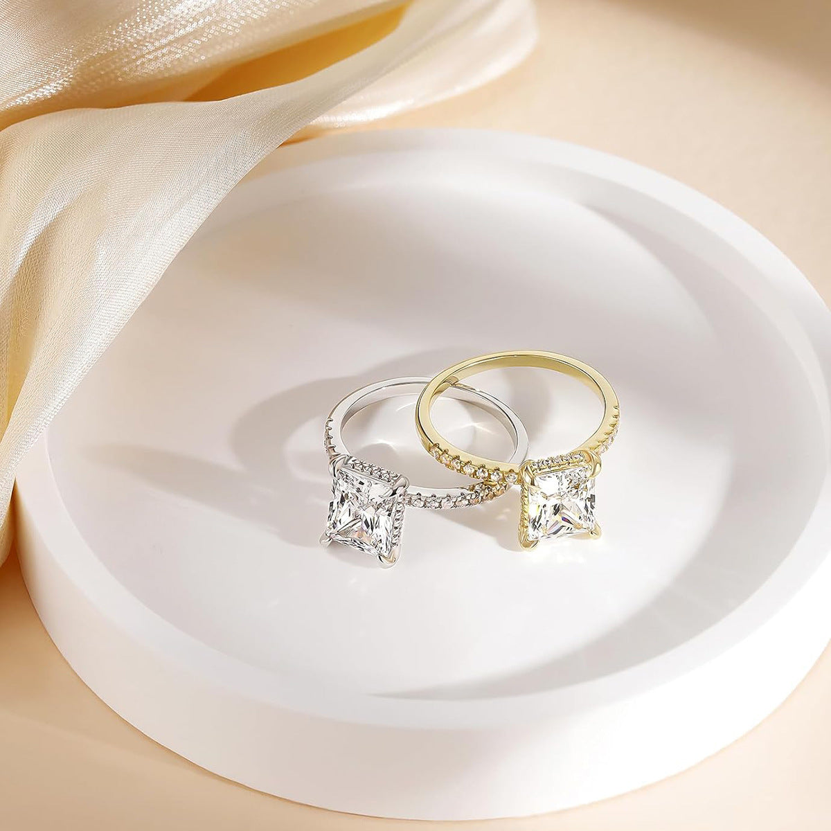 Rectangular White Diamond Four-prong Ring