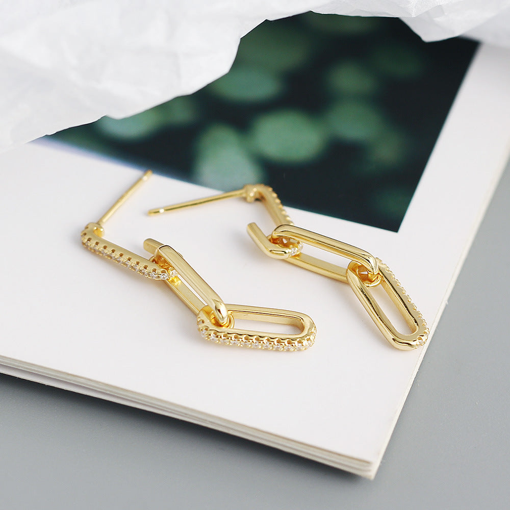 S925 Silver Geometric Chain Earrings With Diamond Inlays And Intricate Tassel Detailing