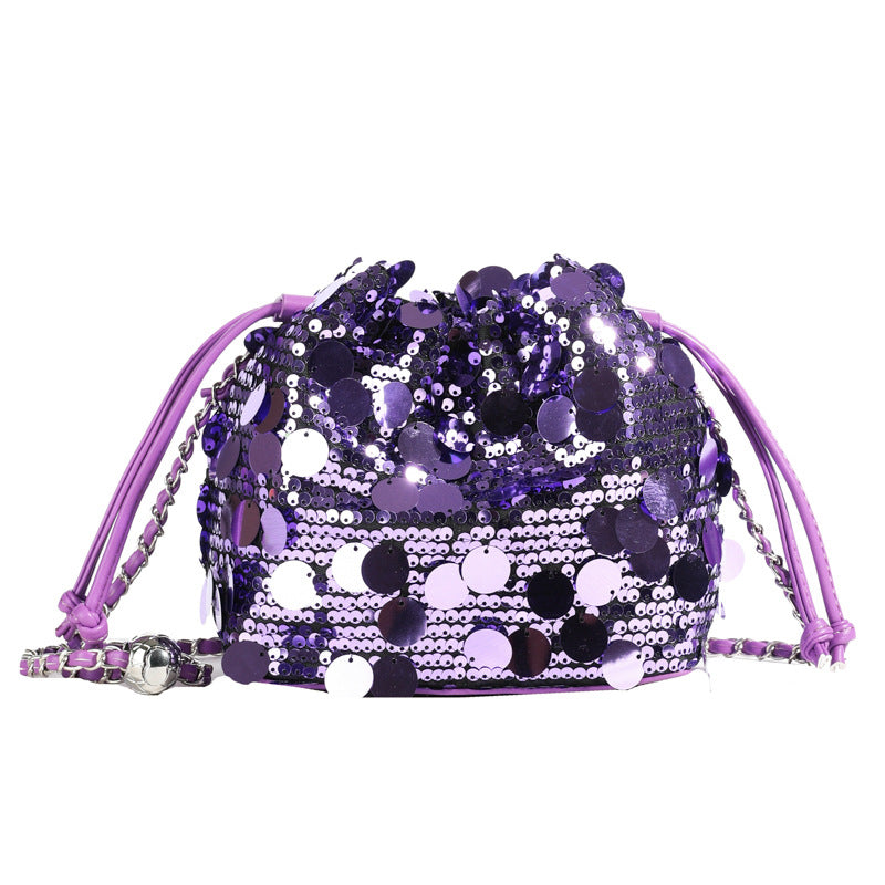 Bucket Bag With Mesh Patchwork Contrasting Colors Drawstring And Chain Strap