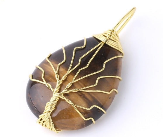 Natural Stone Pendant Gold Color Wire Wrap Gem