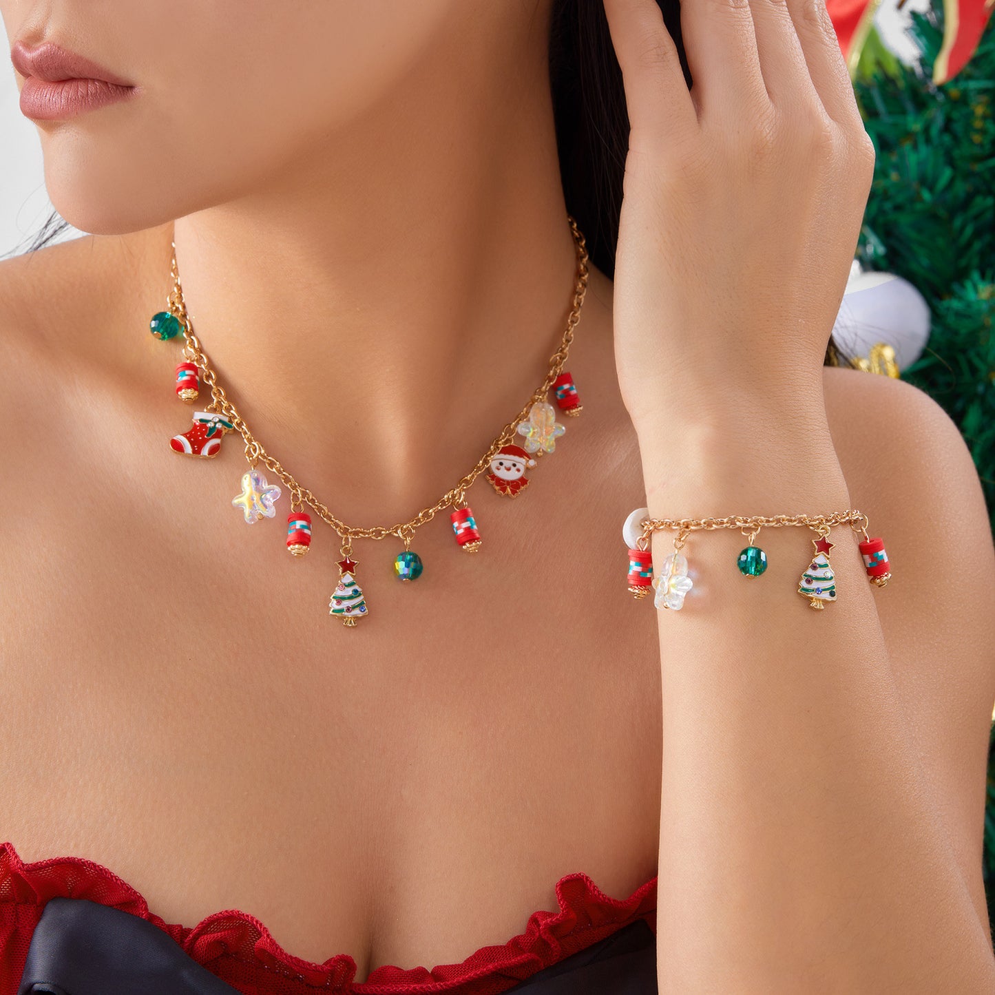 Di Yufeng Fashion Christmas Tree And Santa Claus Bracelet And Necklace Set