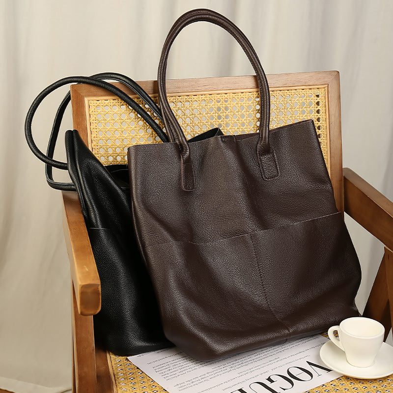 Simple Commute Soft Cowhide Bucket Bag