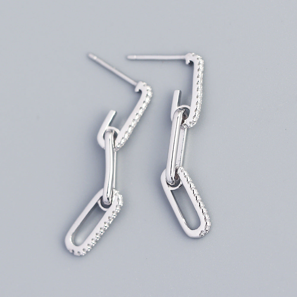 S925 Silver Geometric Chain Earrings With Diamond Inlays And Intricate Tassel Detailing