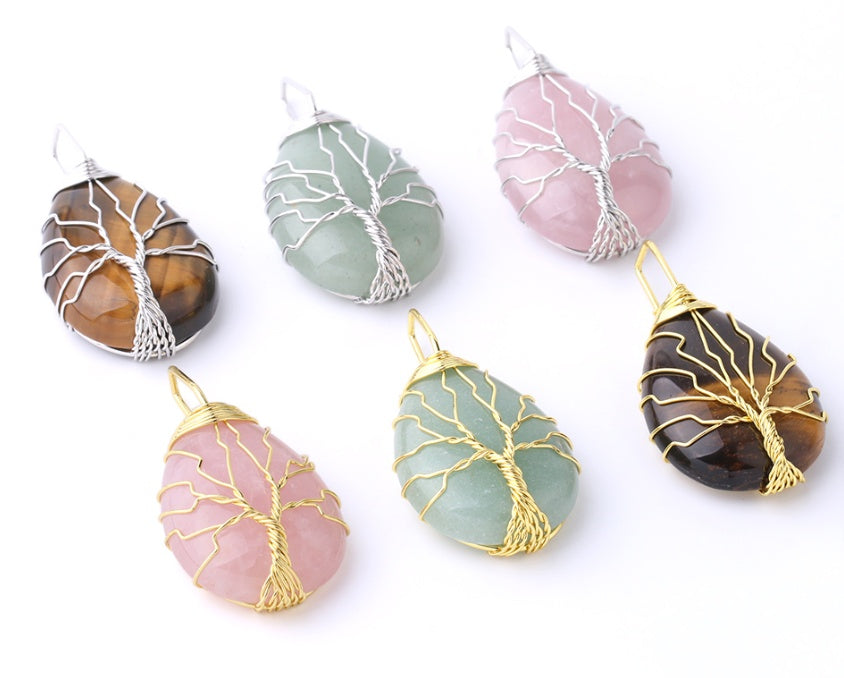 Natural Stone Pendant Gold Color Wire Wrap Gem