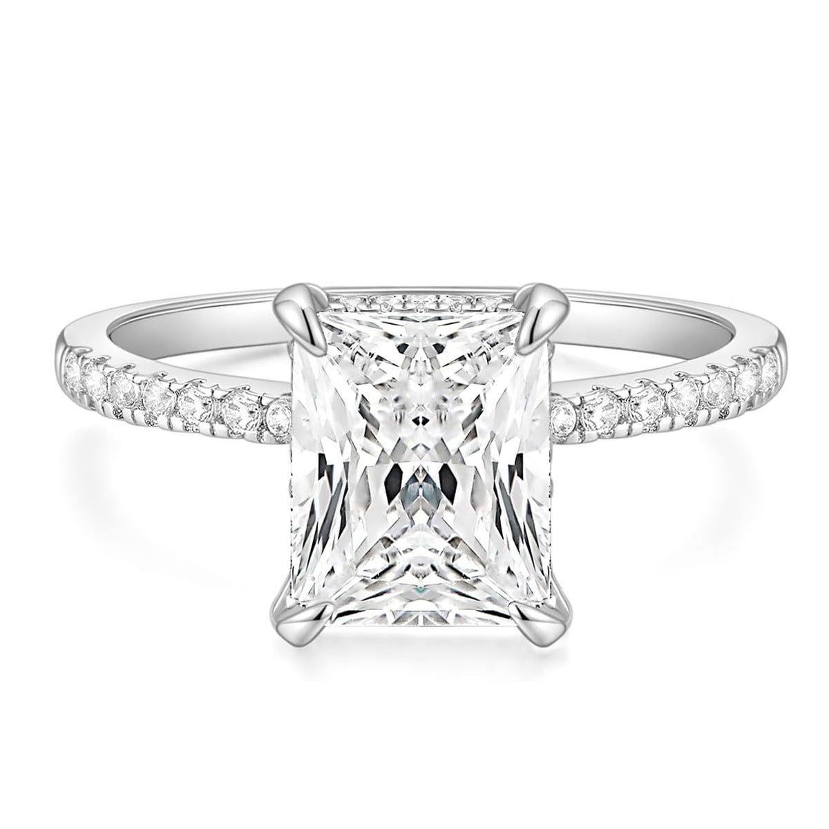 Rectangular White Diamond Four-prong Ring