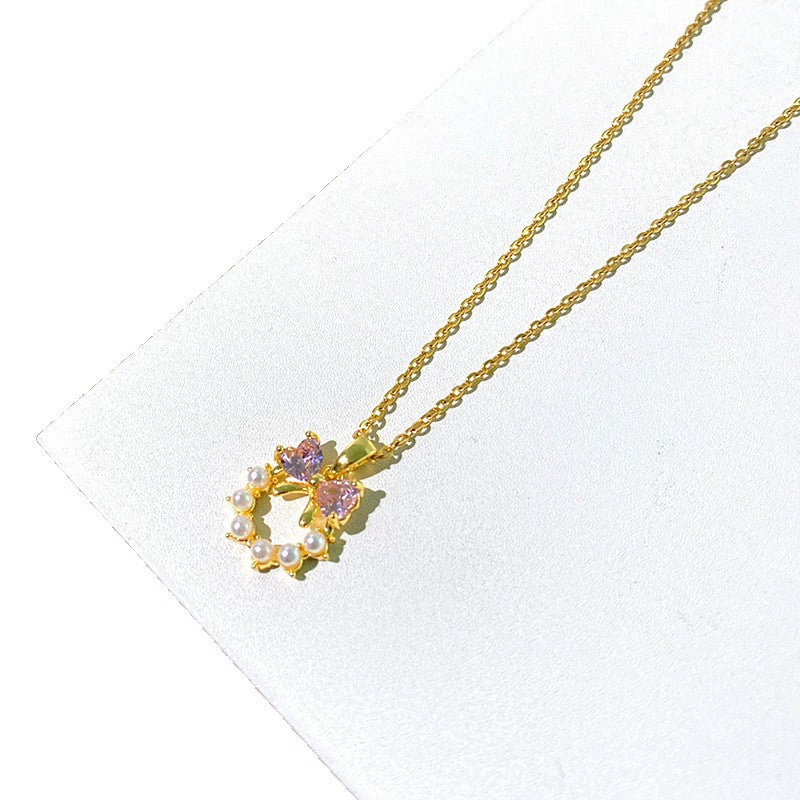 Womens Titanium Steel Necklace With Pink Diamond-Inlaid Bow And Pearl Combinations