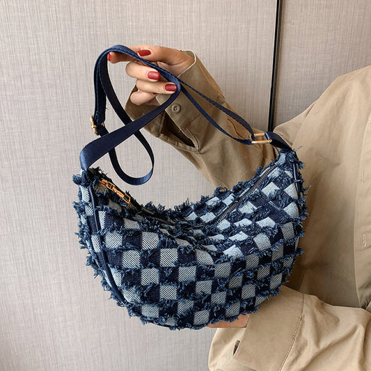 Denim Chessboard Plaid Shoulder Underarm Bag