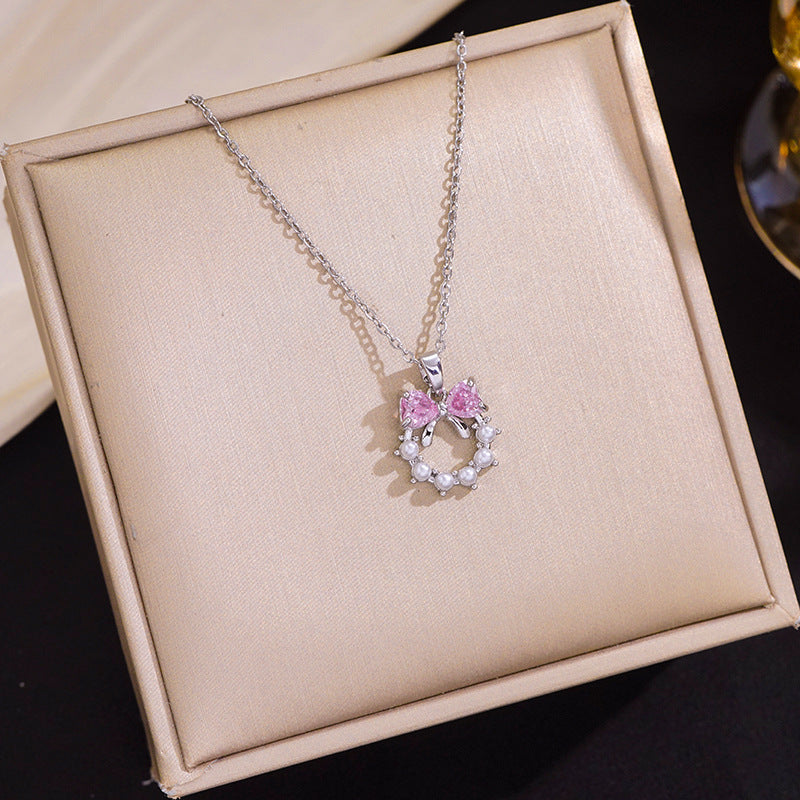 Womens Titanium Steel Necklace With Pink Diamond-Inlaid Bow And Pearl Combinations