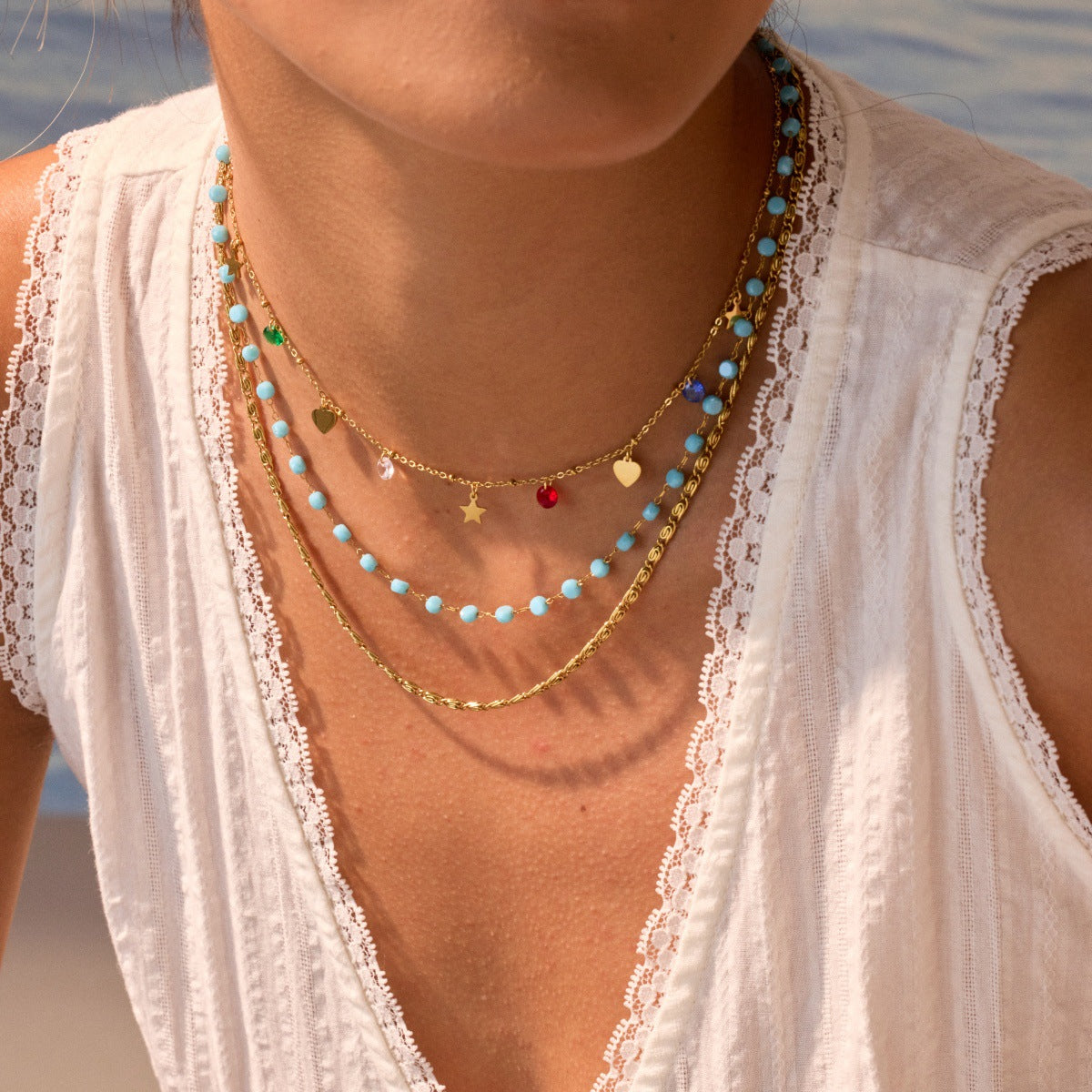 Colorful Beaded Stainless Steel Necklace Gold-plated Double Layer Twin All-match Clavicle Chain
