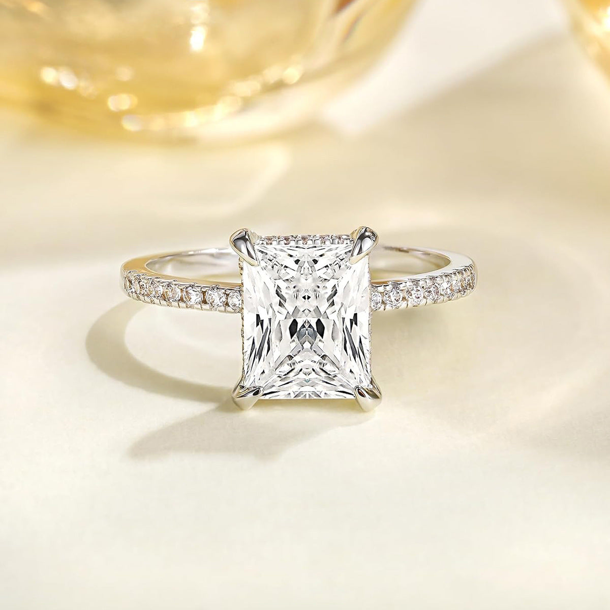 Rectangular White Diamond Four-prong Ring