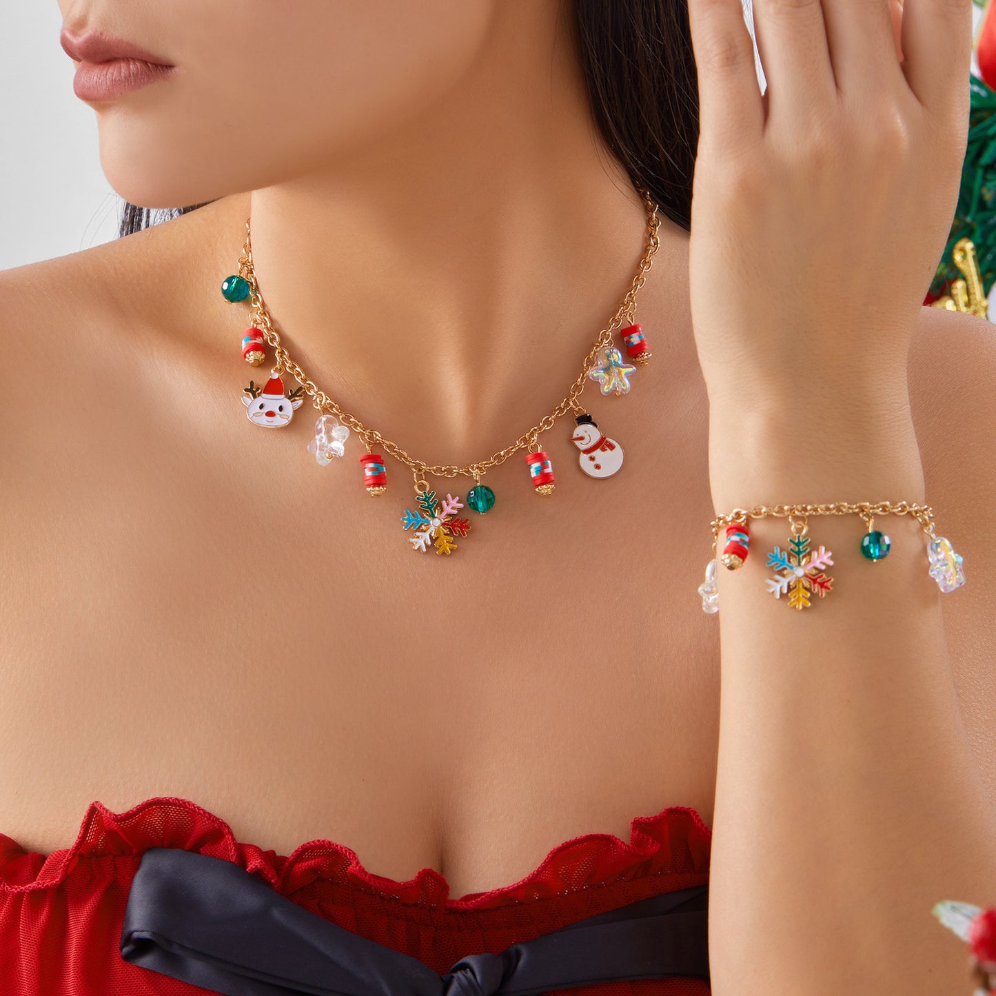 Di Yufeng Fashion Christmas Tree And Santa Claus Bracelet And Necklace Set