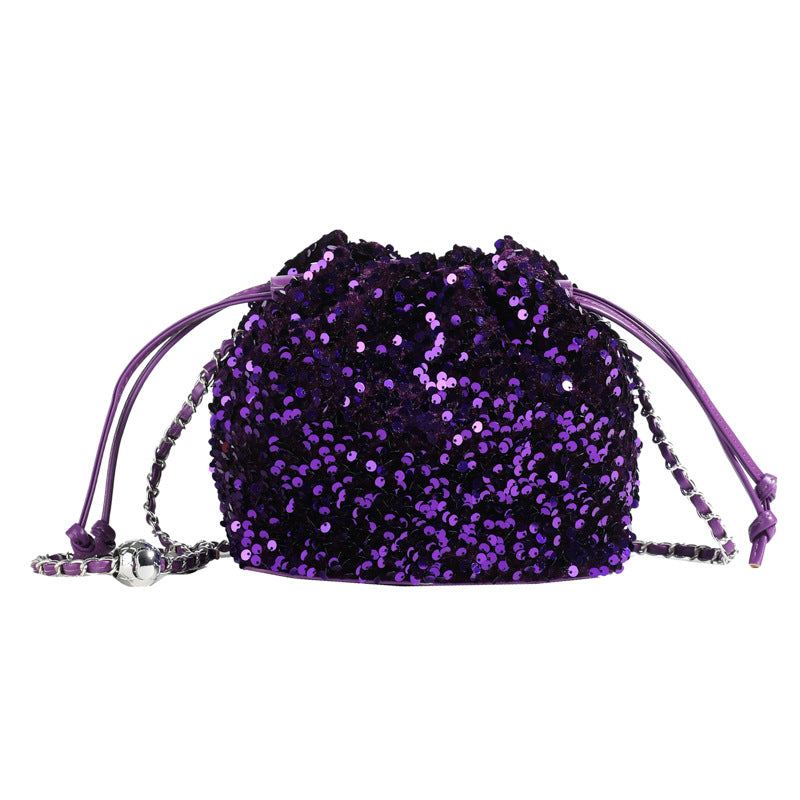 Bucket Bag With Mesh Patchwork Contrasting Colors Drawstring And Chain Strap